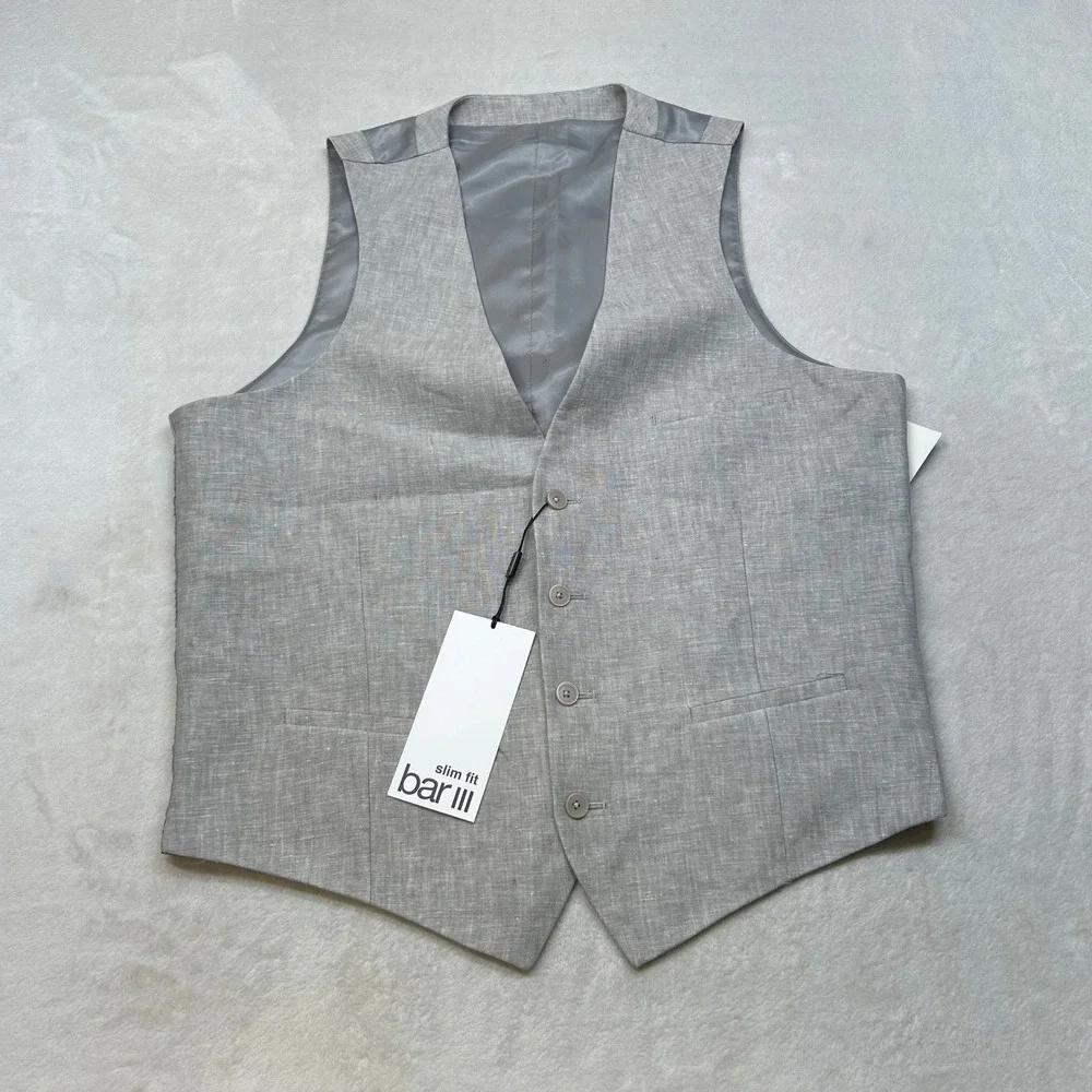 Bar III Linen Suite Vest White Mens Medium Gray Slim Fit Dressy Party Casual NEW